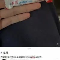 这是一张竖屏的私人聊天记录截图，画面上半部分是一只手拿着一包“农村娃”品牌的干脆面，下半部分的聊天对话框中，发送者发出疑问：“？在吗 在农村学校外面买到农村娃牌的干脆面？”，传递出对购买场景和品牌名称巧合的惊讶与疑惑感。
