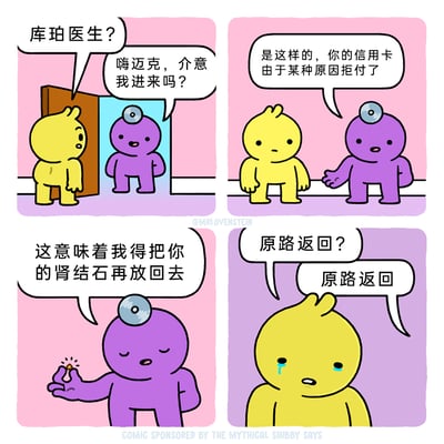这是一则充满黑色幽默的四格卡通漫画，故事围绕患者迈克展开：迈克刚完成肾结石取出手术，医生库珀却折返回来告知他的信用卡被拒付，因此要将已经取出的肾结石“原路返回”放回到他体内。第一格中，迈克打开门疑惑地叫住库珀医生，医生询问能否进入房间；第二格医生告知迈克信用卡拒付的消息；第三格医生淡定地拿着取出的肾结石，说出要把结石放回的荒诞要求；第四格迈克彻底崩溃，流着泪重复“原路返回”，用极端荒诞的情节讽刺了医疗费用高昂、付费机制冰冷的现实，让人在哭笑不得中感受到无奈。