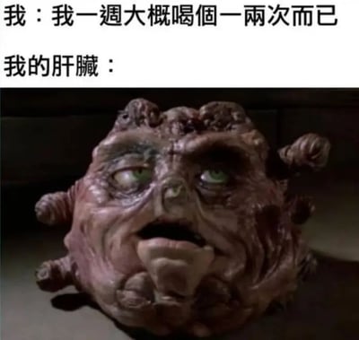 图片上方文字为“我：我一週大概喝個一兩次而已”，下方文字为“我的肝臟：”并配有一个造型怪异的生物图像。该生物整体呈褐色，皮肤褶皱，双眼为绿色，表情看起来疲惫且痛苦，仿佛在无声地控诉。通过人物轻描淡写的饮酒频率与肝脏拟人化的痛苦表情形成幽默对比，调侃了人们对饮酒危害的忽视。