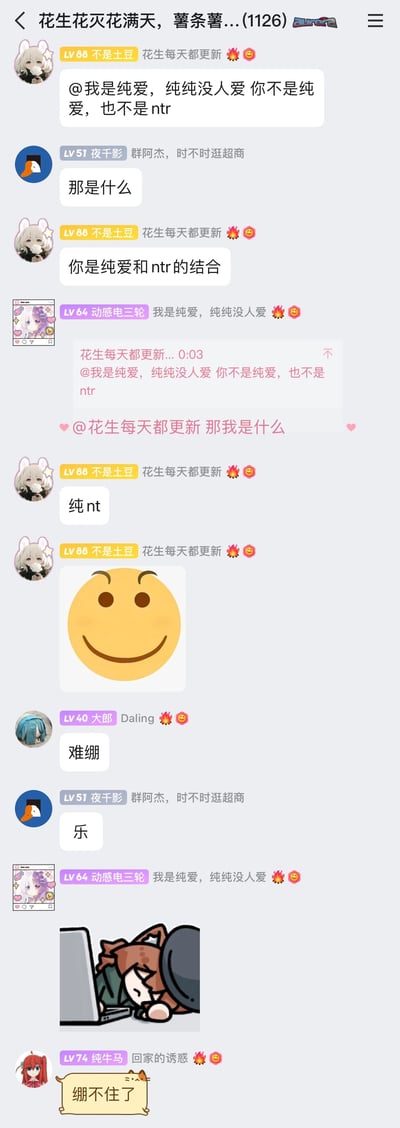 这是一张QQ群聊的竖屏截图，群名为“花生花灭花满天，薯条薯...(1126)”，群内成员以文字和表情包进行互动。成员“不是土豆”先@成员“动感电三轮（我是纯爱，纯纯没人爱）”，称其既不是纯爱也不是ntr，在对方和其他成员追问下，用“纯nt”玩谐音梗，将ntr的概念拆解后制造笑点，随后其他群友“夜千影”“大郎”“纯牛马”纷纷回应，用“难绷”“乐”“绷不住了”以及表情包表达对这个梗的反应，整体氛围轻松诙谐，是网友之间常见的趣味互怼日常。