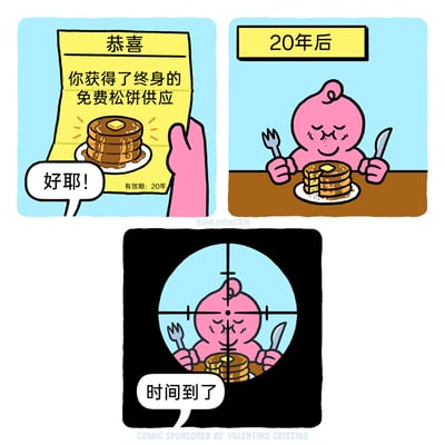 这是一幅三格连环卡通漫画，采用荒诞黑色幽默的风格展开剧情：第一格中，粉色卡通角色收到一张写有“恭喜你获得了终身的免费松饼供应”的通知，下方小字标注“有效期：20年”，角色兴奋地欢呼“好耶！”；第二格时间来到“20年后”，角色正手持刀叉，满足地享用松饼；第三格画面切换到狙击镜视角，瞄准了正在吃松饼的角色，配文“时间到了”。漫画通过玩“终身”与“20年有效期”的文字游戏，制造出荒诞的反差感，暗示所谓的“终身免费”其实是将角色的生命限定在20年，到期即被终结，用极端的剧情讽刺了文字游戏式的虚假承诺，带来黑色幽默的笑点。