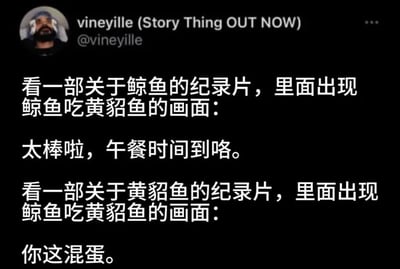 这是一张社交媒体截图，展示了用户vineyille发布的一条推文。推文内容描述了两种不同的观看体验：当观看关于鲸鱼的纪录片时，看到鲸鱼吃黄貂鱼的画面会觉得“太棒啦，午餐时间到咯”；而当观看关于黄貂鱼的纪录片时，看到同样的画面则会怒斥“你这混蛋”。通过这种视角转换带来的反差感制造幽默效果。