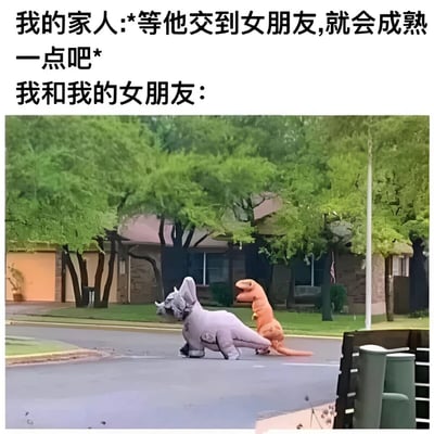 图片上方文字描述家人的期待：“等他交到女朋友，就会成熟一点吧”，下方配图则是穿着灰色三角龙和橙色霸王龙玩偶服的两个人在街道上玩耍打闹的场景，形成幽默的反差——家人以为恋爱会让人成熟，实际上两人反而一起幼稚。