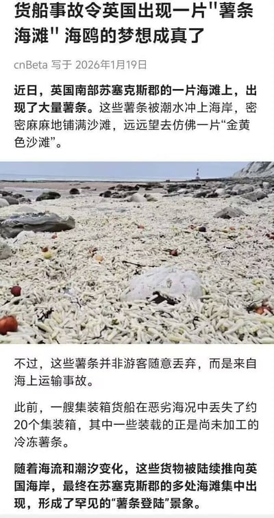这是一张新闻报道截图，内容关于英国南部苏塞克斯郡海滩因货船事故出现大量冷冻薯条被冲上岸的罕见景象。报道称，一艘集装箱货船在恶劣海况中丢失约20个集装箱，其中装载的未加工冷冻薯条随海流和潮汐被推向海岸，密密麻麻铺满沙滩，形成仿佛“金黄色沙滩”的视觉效果。截图包含新闻标题、发布来源（cnBeta）、发布日期（2026年1月19日）、详细文字描述及一张海滩铺满薯条的现场照片。