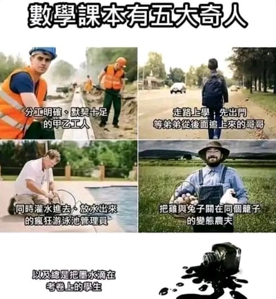 这是一张多图拼接的中文梗图，通过具象化的画面搭配调侃性文字，吐槽中小学数学应用题里那些脱离现实逻辑的经典设定，一共总结了五类“奇人”：1. 对应工程问题的甲乙工人，图中是两位穿着安全背心的施工工人，配文调侃他们“分工明确、默契十足”；2. 对应行程追及问题的上学哥哥，图中是一位背着书包在路上行走的背影，配文描述“走路上学；先出门，等弟弟从后面追上来的哥哥”；3. 对应泳池进水出水问题的管理员，图中是一位在泳池边摆弄水管的人，配文吐槽是“同时灌水进去、放水出来的疯狂游泳池管理员”；4. 对应鸡兔同笼问题的农夫，图中是一位捧着装有鸡蛋和鸡的篮子的农夫，配文调侃是“把鸡与兔子关在同个笼子的变态农夫”；5. 对应考卷有污渍的题目设定，用打翻的墨水瓶代表“总是把墨水滴在考卷上的学生”，整体用幽默的方式唤起人们对数学题的趣味回忆。