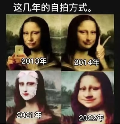 图片为2x2网格的多图拼接，上方标题为“这几年的自拍方式。”，分别展示了不同年份蒙娜丽莎的自拍风格：2013年手持老式手机自拍，表情平静；2014年做出经典“比耶”手势，微笑自然；2021年戴着白色面膜，面无表情；2022年面部被夸张处理成扭曲搞怪的 meme 风格。通过经典艺术形象的现代化改编，幽默调侃了近十年来自拍潮流的变化。
