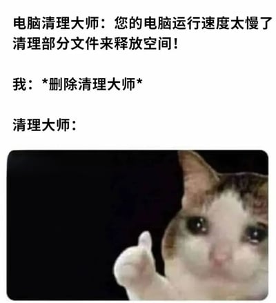 这是一张幽默梗图，上方文字显示"电脑清理大师：您的电脑运行速度太慢了 清理部分文件来释放空间！"，中间文字为"我：*删除清理大师*"，下方文字为"清理大师："并配有一张猫竖大拇指的图片。图片通过夸张对比，表达了用户对电脑清理软件本身可能就是导致电脑变慢的原因的幽默吐槽。