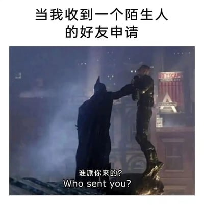 这是一张改编自影视截图的梗图，上方配有文字“当我收到一个陌生人的好友申请”，下方是《蝙蝠侠》系列影视作品的截图：蝙蝠侠将一名男子抓住提起，画面配文“谁派你来的？Who sent you?”。该图用蝙蝠侠警惕质问敌人的经典场景，夸张地放大了普通人收到陌生人好友申请时，对对方来意充满怀疑、警惕的心态，生动地调侃了人们在社交中面对陌生请求时的防备心理。