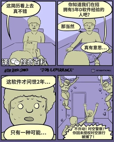 这是一组四格连环漫画，以幽默方式吐槽简历造假现象。第一格：面试官看着简历说“这简历看上去真不错”；第二格：有人询问面试官是否知道在招5年D软件经验的人，面试官回答“那当然”并心想“真有意思...”；第三格：面试官突然震惊，内心OS“这软件才问世2年...”“只有一种可能...”；第四格：两名“时空警察”破墙而入，大喊“不许动！时空警察！你因未授权时空旅行被捕了！”。通过夸张的科幻设定（时空警察抓捕），讽刺了简历中出现“软件仅问世2年却有5年使用经验”的离谱造假行为。