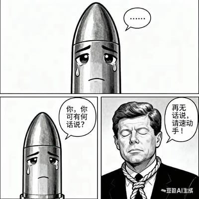 该图为“苦命鸳鸯”梗的二创连环图，采用黑白漫画风格。上半部分是拟人化子弹角色，双眼含泪，表情悲伤，气泡中为省略号。下半部分左侧子弹继续含泪询问“你，你可有何话说？”，右侧为颈部系有绞索的肯尼迪形象，闭目回应“再无话说，请速动手！”，整体营造出悲情又荒诞的喜剧效果。