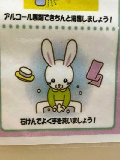 这是一张面向儿童的日式卫生防疫宣传图，画面主体是一只穿着绿色上衣的卡通白兔，正坐在洗手台前搓手洗手，旁边配有肥皂和擦手巾的图案。图中上下方的日文标语分别提示“请用酒精制剂好好消毒”和“请用肥皂认真洗手”，整体画风可爱柔和，旨在引导小朋友养成勤洗手、做好消毒的卫生习惯，没有双关或谐音梗内容。