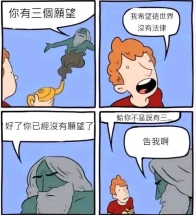四格连环漫画，讲述红头发男子向灯神许愿的故事。第一格：灯神从黄色神灯中飘出，对男子说“你有三個願望”；第二格：男子兴奋大喊“我希望這世界沒有法律”；第三格：灯神面无表情地说“好了你已經沒有願望了”；第四格：男子一脸困惑地追问“蛤你不是說有三...”，并试图用“告我啊”威胁，却因自己许愿“没有法律”而无法实现。通过逻辑反转制造幽默，讽刺了不切实际的愿望可能带来的反噬。