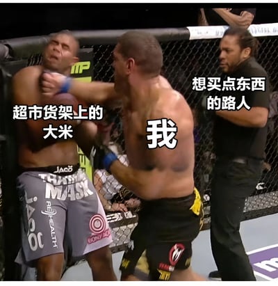 这是一张UFC格斗比赛的截图，被配上了幽默文字来表现日常生活场景。图中左侧选手被标注为"超市货架上的大米"，正被中间标注为"我"的选手猛烈击打，右侧裁判则被标注为"想买点东西的路人"。通过夸张的格斗场景来比喻人们抢购超市商品的激烈程度，形成幽默效果。