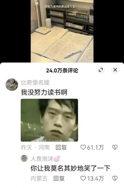 整张图为社交媒体内容截图，上半部分是一个提问视频的画面，配文“你努力读书的原因是什么”，背景是桌面摊开的多本写满密密麻麻笔记的书本，还放有笔和收纳柜，呈现出刻苦学习的场景；下半部分是该内容的评论区，共有24万条评论，最高赞评论来自用户“比奇堡名媛”，回复内容为“我没努力读书啊”，还搭配了一张男子神情迷茫呆滞的表情包，该回复获赞61.1万，下方另有用户“人鱼泡沫”回复这条高赞评论称“你让我莫名其妙地笑了一下”，获赞13.4万，整体通过反向回答的反差感营造出搞笑的效果，戳中很多网友的笑点。