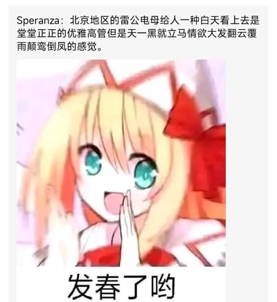 图片上方是用户评论："北京地区的雷公电母给人一种白天看上去是堂堂正正的优雅高管但是天一黑就立马情欲大发翻云覆雨颠鸾倒凤的感觉。"，下方是一张动漫风格图片，展示一个金发、蓝眼睛的女孩，戴着红色猫耳和红色蝴蝶结，表情惊讶，手捂嘴部。图片底部有文字"发春了哟"。整体通过拟人化和双关手法，将北京天气现象比作白天优雅晚上热情的人，形成幽默反差效果。