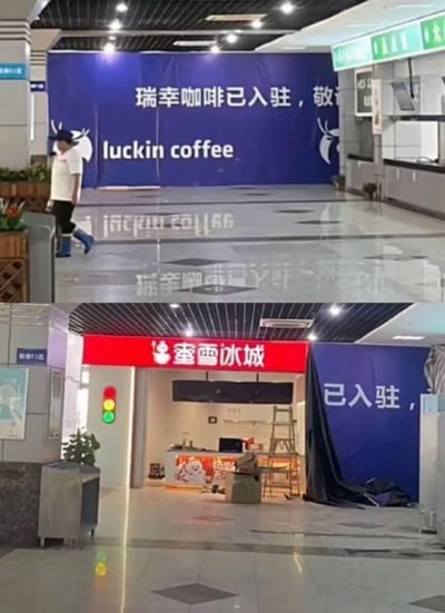 图片为上下对比图，上方展示一个室内大堂场景，中央悬挂蓝色大型横幅，上面写有“瑞幸咖啡已入驻，敬”及白色“luckin coffee”字样和品牌鹿头logo，一名穿着白色上衣、黑色裤子、蓝色雨靴的人正从左侧走过。下方图片同样是室内场景，左侧有红色招牌“蜜雪冰城”及品牌雪人logo，店内可见施工工具和装修中的柜台，右侧有一块蓝色遮挡布，上面写有“已入驻”字样。两张图对比展示了瑞幸咖啡和蜜雪冰城两个连锁品牌在同一或类似场所的入驻宣传场景，可能反映品牌快速扩张的商业现象。
