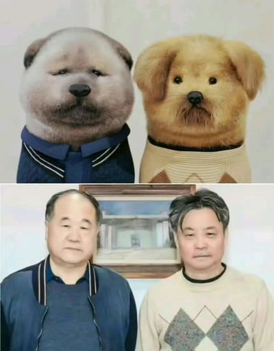 这是一张上下分栏的趣味对比图：<br>上图是AI生成的两只狗狗，精准复刻了下图中作家莫言和余华的面部神态、穿搭细节——左边狗狗对应莫言，穿着带蓝领的深色上衣，神态严肃；右边狗狗对应余华，穿着米白菱格毛衣，神态沉稳。<br>趣味点在于AI完美捕捉了两位作家的面部特征与气质，将其映射到狗狗身上，形成了强烈的相似感和反差萌，让人忍俊不禁。