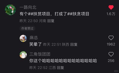 这是一张小红书平台的评论区静态截图，展示了一段因打字失误引发的趣味互动：用户「一路向北」发布评论称有人将「##扶贫项目」错打成「##扶贪项目」，这条评论获得1.6万点赞且被原作者点赞；随后用户「麻总」以「笑晕了」回应，获得1962赞；用户「三角饭团团」用一连串的「哈哈」表达笑点，获得256赞。整体场景充满轻松搞笑的氛围，是网友分享日常失误趣事并引发共鸣的典型网络互动。