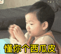 动态图中，一名小孩坐在沙发上，双手不断快速拍击，表情专注。画面下方重复出现黄色醒目文字“懂你个西瓜皮”，通过小孩拍手的动态和俏皮文字结合，表达一种表面认同实则不以为然或调侃对方的幽默语气，常用于轻松对话中回应他人观点时的戏谑场景。
