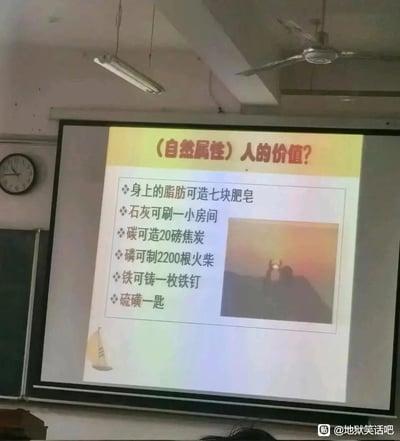 这是一张教室场景下的PPT翻拍图，PPT以《（自然属性）人的价值？》为标题，通过列举人体所含各类元素能制作的日常物品，来量化呈现人的自然属性价值：身上的脂肪可制作七块肥皂，体内的石灰成分可刷一小间房间，碳元素可造20磅焦炭，磷元素可制2200根火柴，铁元素可铸造一枚铁钉，还有一匙硫磺的量。PPT右侧配有一张带有举物人影的暖色调小图，图片右下角带有百度贴吧“地狱笑话吧”的水印。该内容以戏谑、拆解的方式将人的价值转化为廉价日常物品，带有地狱笑话的荒诞风格，从另类角度引发对人的价值的思考。