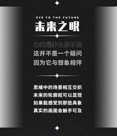 这是一张纯文字励志类图片，背景为黑色渐变纹理，顶部有英文标题“EYE TO THE FUTURE”，下方是中文主标题“未来之眼”，标题间有白色星形装饰作为分隔。正文部分包含两段中文文字：“未来是什么样子的 这并不是一个疑问 因为它与想象相伴”和“思维中的场景相互交织 未来的轮廓就可以显现 如果能感受到那些具象 真实的画面会触手可及”，整体采用白色文字与深色背景对比，风格简洁且富有未来感，核心传达通过想象构建未来具象画面的理念。