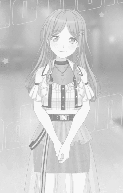 这是一张黑白风格的二次元插画，画面主体是一位偶像风格的长卷发少女，她身着露肩短款偶像演出套装，搭配精致的项链、耳饰等配饰，双手交叠放在身前，脸上带着温柔腼腆的微笑，脸颊还有淡淡的红晕。背景是带有星星装饰和模糊字母的舞台风格场景，整体氛围清新温柔，展现出少女腼腆可爱的一面。