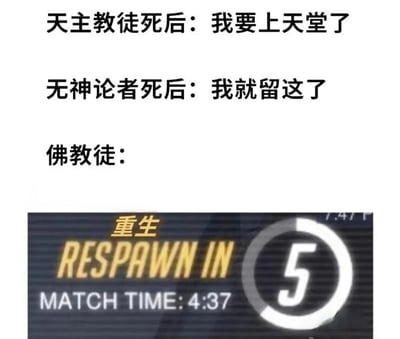 这张梗图通过幽默方式对比了不同信仰者对死后世界的看法。图中上方文字显示："天主教徒死后：我要上天堂了"和"无神论者死后：我就留这了"，而在"佛教徒："文字下方，是一张游戏重生界面的截图，显示"重生 RESPAWN IN 5"和倒计时5秒，巧妙地将佛教的轮回转世观念与游戏中的重生机制联系起来，制造出幽默效果。
