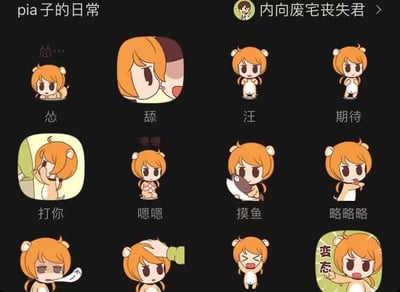 这是一张黑色背景的多图拼接表情包，共包含12个橙发卡通角色（疑似仓鼠形象）的表情动作图。角色有着橙色短发和白色耳朵，每个小图下方或旁边配有中文标签描述对应情绪或动作，包括“怂”（低头羞怯状）、“舔”（侧脸舔舐动作）、“汪”（站立模仿狗叫）、“期待”（双手交握期待表情）、“打你”（握拳打人姿势）、“嗯嗯”（乖巧点头）、“摸鱼”（手持鱼形物品）、“略略略”（吐舌头调皮样）以及“变态”（手指指向并配文字气泡）等。顶部有“pia子的日常”标题和“内向废宅丧失君”作者名，整体风格可爱搞怪，适合用于聊天中表达多样情绪。
