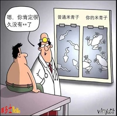 这是一张恶搞医学情景的漫画梗图，图中一名医生正在给病人看化验报告。左侧报告显示普通精子形状，右侧被戏称为“你的米青子”，画出来的却是变成青蛙的形状，暗示主人公“积蓄已久”有生物进化。医生还用含糊的话“你肯定很久没有**了”进一步加重笑点，内容在暗示男性久未排精时会不会‘进化’出青蛙，非常搞笑和低俗，属于典型的网络段子类型。

**图中含有明显双关语和生理现象玩笑，属于性暗示内容。**