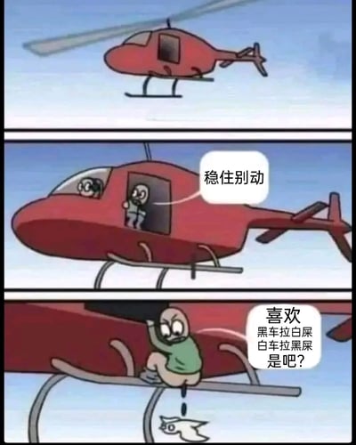 这是一幅三格连环搞笑漫画，第一格展示了一架红色直升机在空中飞行；第二格中直升机的舱门打开，一名乘客探出身，对驾驶员说道“稳住别动”；第三格中这名乘客蹲在直升机的起落架上，愤怒地对着下方的白鸟喊话“喜欢黑车拉白屎白车拉黑屎是吧？”，同时正在排便，粪便落在下方的白鸟身上。漫画用反向整蛊的夸张手法，调侃了现实中鸟屎经常弄脏车辆的常见烦心事，通过反差感制造搞笑效果。