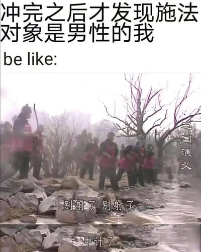这张梗图上方配有文字"冲完之后才发现施法对象是男性的我 be like:"，下方是《三国演义》电视剧的一个场景截图。图中一群穿着红色背心的人在混乱的环境中，周围有树木和石块，画面中有"别射了 别射了"和"中计了"的对白文字。

图片通过将现代网络用语与经典历史剧场景结合，用幽默夸张的方式表现发现自己搞错对象后的震惊与懊悔情绪。