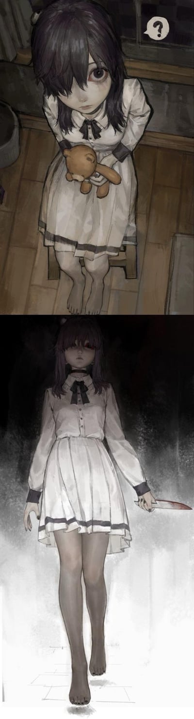 这是一组上下对比的原创惊悚插画：
上方画面中，一名单眼露出的深色头发女孩穿着带黑边的白色连衣裙，光脚坐在小凳上，抱着小熊玩偶，眼神怯弱无辜，右上角的问号气泡更添其茫然感，整体氛围压抑又带着无害感；
下方画面中，同一个女孩身处黑暗环境，红着眼睛，手持带血的短刀，气质冰冷诡异，和上方的无辜形象形成极强的反差，营造出惊悚的暗黑氛围，无谐音双关，核心是塑造“无害外表下的危险内核”的反差感。