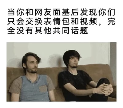 这是一张典型的顶配底文式网络梗图，图片上半部分为黑色配文，内容是“当你和网友面基后发现你们只会交换表情包和视频，完全没有其他共同话题”，下半部分是实拍的真人画面：两名留着胡须的年轻男子并排坐在棕色布艺沙发上，二人都没有看向彼此，而是各自看向斜侧方，神情呆滞尴尬，肢体动作僵硬，精准传递出双方没有共同话题可聊时的冷场、尴尬氛围，非常贴合配文描述的社交场景，容易引发网友共鸣。