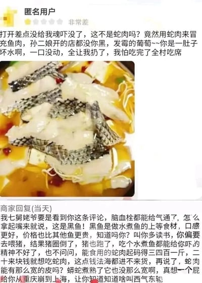 这是一张源自外卖平台的评价截图，匿名顾客收到一份带皮的水煮鱼后，误将纹理类似蛇皮的黑鱼皮认作蛇皮，愤怒给出一星差评，用夸张语气指责商家用蛇肉冒充鱼肉，还调侃商家是“孙二娘开店”，称自己怕吃完“全村吃席”，直接将餐品丢弃；商家在当天就进行了十分犀利幽默的回怼，解释这是制作水煮鱼的上等食材黑鱼，价格比普通鱼类更高，同时用“七舅姥爷脑血栓气通”“法海都进不来货”“西气东输”等梗调侃顾客缺乏常识，语言风格硬核又搞笑。配图中的水煮鱼片保留了黑鱼皮，其纹理确实容易造成视觉误导，让不熟悉的人误以为是蛇肉。