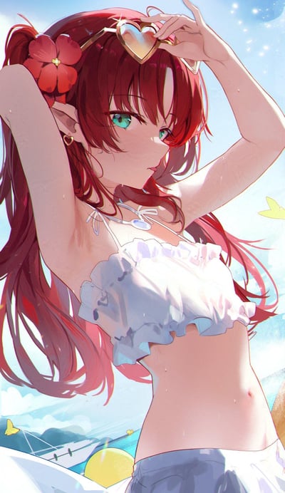 这是一幅充满夏日氛围的二次元插画，红发精灵少女扎着双马尾，发间点缀红色扶桑花，佩戴心形墨镜与心形耳饰，身着白色荷叶边挂脖泳衣。她双手抬起调整头顶的墨镜，阳光柔和地洒在她的身上，背景是明亮的蓝天与模糊的海边元素，整体画风清新治愈，传递出度假时的慵懒与惬意。图中没有双关、谐音梗或暗示内容。