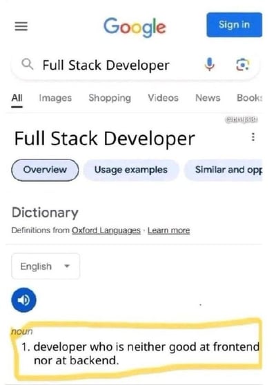 这是一张恶搞的Google搜索结果截图，搜索关键词为'Full Stack Developer'（全栈开发者）。页面显示了牛津语言词典的定义部分，但内容被修改为：'1. developer who is neither good at frontend nor at backend.'（一个既不擅长前端也不擅长后端的开发者），并用黄色方框醒目突出。图片通过篡改权威词典定义的方式，幽默地调侃了部分全栈开发者可能在前后端技能上都不精通的刻板印象，充满程序员圈子的自嘲与讽刺。