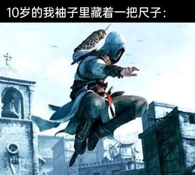 这是一张充满童年趣味的玩梗文字加注图，图片顶部配有文字“10岁的我袖子里藏着一把尺子:”，下方是育碧游戏《刺客信条》初代主角阿泰尔的官方原画，画面里阿泰尔正从欧式古建筑间跳跃，手臂前伸，袖中弹出刺客标志性的袖剑。该梗将10岁孩子袖子藏尺子的日常行为，脑补成刺客信条里刺客使用袖剑的帅气场景，精准还原了童年时期的中二幻想，用经典游戏角色的画面放大了这种幼稚又有趣的心理，容易引发网友对童年类似经历的共鸣。