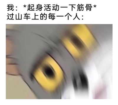 这是一张搞笑创意梗图，上方配文构建了一个离谱的场景：第一部分是“我：*起身活动一下筋骨*”，第二部分引出“过山车上的每一个人：”，下方搭配的是经典动画《猫和老鼠》中汤姆猫的眼部特写截图，该截图经过模糊错位处理，汤姆猫的黄色眼睛呈现出因极度惊恐而变形、视觉上充满冲击感的状态，精准还原了在高速运行的过山车上，当看到有人起身这种极度危险的行为时，全车人瞬间被吓到魂飞魄散、瞳孔地震的反应，通过夸张的动画表情和离谱的场景设定，形成强烈的搞笑反差，放大了这种不合时宜行为带来的戏剧性效果。