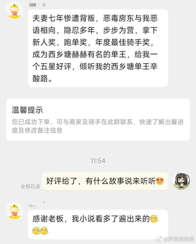 聊天记录中，外卖骑手为求五星好评，编造了一段包含“夫妻七年背叛”“恶毒房东”“逆袭成单王”的狗血故事，顾客给出好评后好奇追问“故事细节”，骑手坦白“小说看多了编的”，引发幽默互动。整体为轻松搞笑的社交媒体聊天截图。