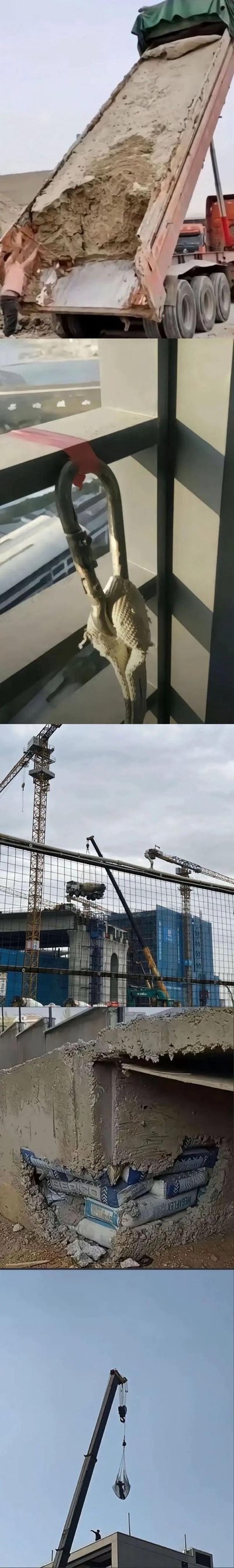 这是一组由五张真实工地场景图拼接成的连环图，展示了多个离谱的工程失误与违规操作：
1. 自卸车车厢内的混凝土完全凝固成块，无法倾倒，工人在旁查看；
2. 吊钩错误勾住了钢结构的横梁，属于违规操作；
3. 工地吊车直接吊起了混凝土罐车，场面十分荒诞；
4. 混凝土构件内部被塞进了袋装材料，是典型的偷工减料造假行为；
5. 吊车的吊具仅挂着一名工人，属于严重违规的高空作业。
这些场景充满了荒诞感，既让人觉得搞笑，也暴露了工地管理的漏洞。