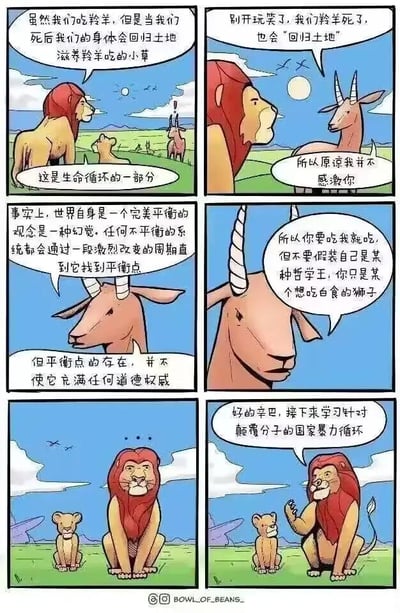 这是一组改编自经典动画《狮子王》的六格连环漫画，用反套路对话和黑色幽默讽刺了伪善行为：第一格中，成年狮子带着小狮子辛巴，试图用“生命循环”的哲学理论粉饰自己捕食羚羊的行为，称狮子死后会回归土地滋养小草，是生命循环的一部分；第二格中，羚羊直接反驳，指出羚羊死后同样会回归土地，并不会因此感激狮子；第三格羚羊进一步输出观点，打破“世界完美平衡”的幻觉，说明平衡点的存在不具备道德权威；第四格羚羊直白戳穿狮子的伪装，让狮子不要假装哲学王，承认自己只是想吃羚羊；第五格中，成年狮子和辛巴都露出呆滞无语的表情；第六格中，成年狮子彻底放弃哲学伪装，转而对辛巴说要学习“针对颠覆分子的国家暴力循环”，剧情走向荒诞反转。