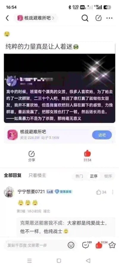 这是一张百度贴吧“核战避难所吧”的竖屏帖子截图，楼主发布了一段渲染极端力量崇拜的虚构段子，称自己为享受将他人踩在脚下的感觉，赢下了为女孩发起的群架，还殴打了该女孩，配文表达对“纯粹力量”的着迷；下方楼层的网友进行互动，一位网友发送愤怒表情表达对该言论的反感，另一位网友则结合网络流行的“纯爱战士”梗，调侃楼主是“纯战士”，形成反差搞笑的效果，整体是贴吧内常见的编段子玩梗内容。