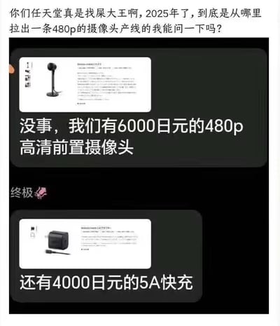 梗图顶部以犀利文字吐槽任天堂：'你们任天堂真是找屎大王啊，2025年了，到底是从哪里拉出一条480p的摄像头产线的我能问一下吗？'，下方分两部分展示产品图片。上半部分为摄像头产品图，配文'没事，我们有6000日元的480p高清前置摄像头'，下半部分为充电器产品图，配文'还有4000日元的5A快充'，通过高价格与低配置（480p摄像头在2025年显得过时）的对比，形成讽刺效果，表达对任天堂产品配置的不满。