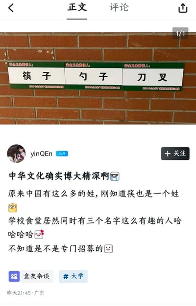 社交媒体平台用户"yinQEn"发布的一则搞笑帖子，内容为学校食堂砖墙上的三块绿色标识牌，分别写着"安全卫生负责人：筷子"、"安全卫生负责人：勺子"、"安全卫生负责人：刀叉"。用户误以为"筷子"、"勺子"、"刀叉"是三位卫生负责人的姓氏，幽默感叹"中华文化博大精深，原来筷也是一个姓"，并调侃食堂是否专门招募了名字有趣的人。帖子带有#盒友杂谈 #大学话题标签，发布于广东，引发对中文歧义的趣味解读。