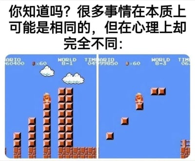 这张图顶部配有引导文字，下方采用左右分栏的对比结构，两张图均来自经典FC游戏《超级马里奥兄弟》：左侧为8-1关卡画面，马里奥站在由多块砖块堆叠而成的高柱顶端，砖块柱向下延伸至地面，视觉上给人稳固的感受；右侧为8-3关卡画面，马里奥站在一块悬空的单个砖块上，周围其他砖块也均为悬空状态，视觉上给人危险、不安的感受。两张图的本质都是马里奥站在高出底部平面的单块砖块上，实际危险程度没有差别，但给玩家的心理感受截然不同，以此隐喻生活中很多本质相同的事物，因为呈现形式不同会给人带来完全不同的心理感受。