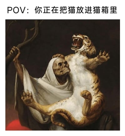 这是一张改编自古典油画的搞笑梗图，顶部配文“POV：你正在把猫放进猫箱里”，将图中的野兽替换为老虎（类比猫咪），将原本的对抗者替换为类似死神的骷髅形象（类比试图把猫放进猫箱的主人）。骷髅面部扭曲、表情痛苦挣扎，一只手抓着树枝，另一只手奋力控制着老虎；老虎则张着嘴露出尖牙，四肢大幅张开乱挥，身体奋力扭动，激烈抗拒。这张图用夸张戏剧化的古典油画风格，放大了养猫人试图将猫咪装进猫箱/猫包时，被猫咪激烈反抗的狼狈、崩溃又无奈的日常场景，精准戳中养猫人的共鸣点，充满搞笑效果。