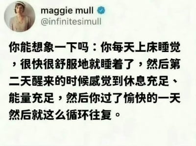 这张图模仿了社交媒体推文风格，描述了一个理想化但极具共鸣的日常：每晚能快速入睡，醒来精力充沛，过一天愉快日子后重复此循环。画面幽默地反映了当代人对优质睡眠的极度渴望和日常生活的困境。

暗示：现实中难以实现，具有调侃现代人普遍失眠、压力大的讽刺意味。