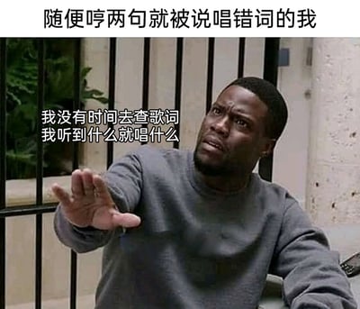 这是一张经过文字改编的影视截图类真人表情包，顶部配文点明场景“随便哼两句就被说唱错词的我”，图中是美国喜剧演员凯文·哈特，他眉头紧皱，面露无奈又委屈的神情，同时伸出手掌做出停止、辩解的动作，旁边的配文“我没有时间去查歌词 我听到什么就唱什么”，精准表达了普通人在随意哼歌时，被他人指出歌词错误后，无奈又自我辩解的心态，戳中了很多人日常唱歌的小尴尬，具有很强的共鸣感。