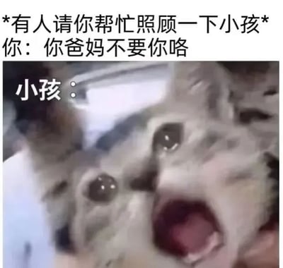 这是一张搞笑网络梗图，设定了日常临时帮人照顾小孩的场景：当别人拜托你帮忙照看小孩时，你开玩笑对小孩说"你爸妈不要你咯"，图中用两只叠加在一起、眼睛圆睁大张嘴巴的猫咪，拟人化表现小孩被这句玩笑吓到后崩溃大哭的反应，生动还原了这个日常生活常见玩笑里小孩的情绪，笑点十足。