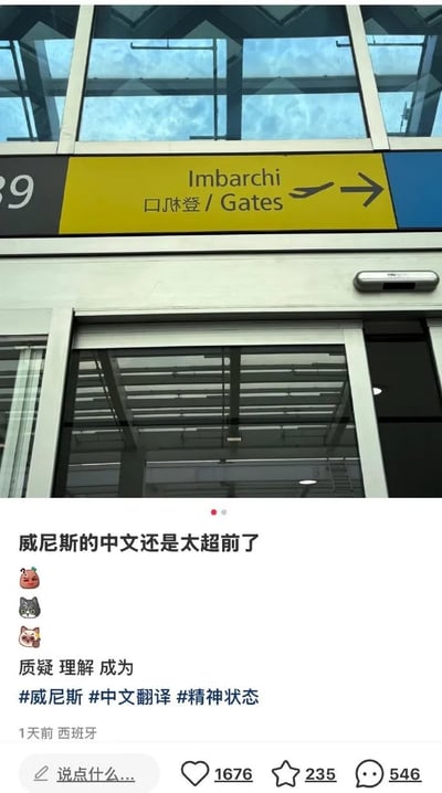 图中为威尼斯机场登机口的指示牌，上面除了意大利语 'Imbarchi' 和英语 'Gates'，还有一行明显机器翻译痕迹的中文“口母竭”，实际应为“登机口”或“登机门”。这一低级翻译错误被网友调侃成“精神状态”的体现，画面下方的评论以疑惑、理解、成为等表情包搞笑回应。整体氛围幽默魔幻，显现外国公共设施生硬直译中文的梗。

双关和梗说明：
- “口母竭”实为意大利语 'Imbarchi'（登机口）的谐音译音，未做语义翻译，呈现拼音直译的荒诞感。
- 评论区以“质疑 理解 成为”回应，演绎典型网络精神状态梗。